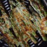 Follow these simple steps for Air Fryer Parmesan Asparagus in less than ten minutes!  Air Fried Parmesan Crusted Asparagus Recipe uses fresh asparagus, mayonnaise, grated Parmesan cheese and black pepper.