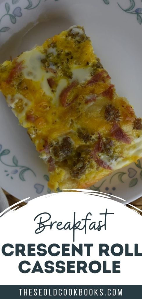 A slice of this crescent roll breakfast casserole is a perfect combination of eggs, sausage, bacon and cheese.