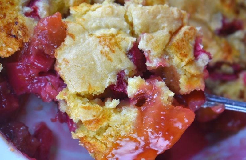No Crust Rhubarb Pie is everything you love about old fashioned rhubarb pie without the crust.  Instead, an easy sweet dough is spread over top. Try this yummy Crustless Rhubarb Pie recipe!