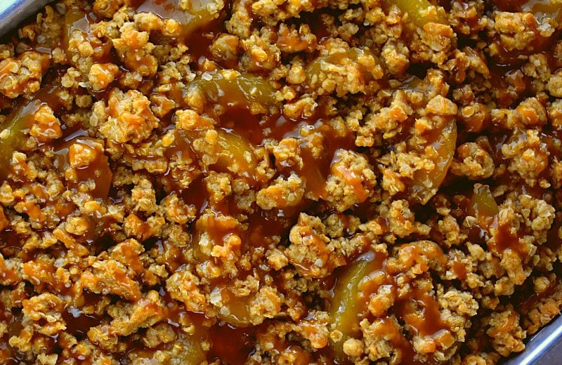These caramel apple crisp bars are topped with a thick caramel sauce that takes them over the top.