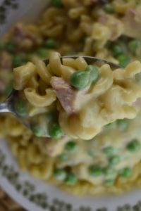 Creamy Pasta with Ham and Peas is so simple to make.  Cubed ham and frozen peas are whipped up into a easy creamed mixture that is served over cooked pasta or noodles. 