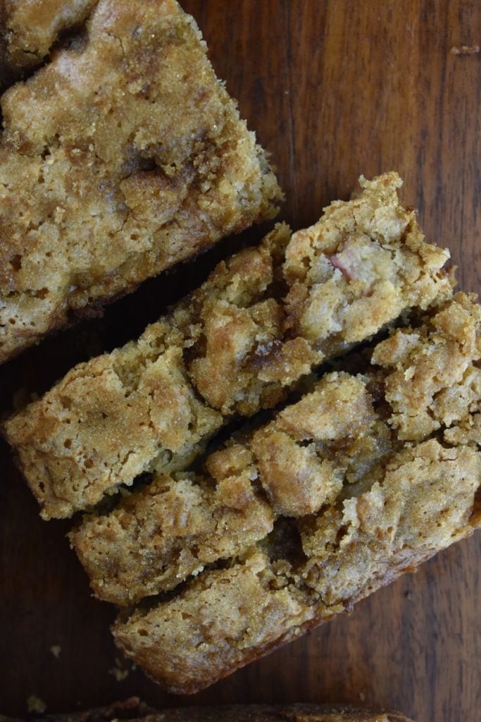 The texture of Rhubarb Bread with nuts is very moist, while the flavor is perfectly delightful. Not too sweet, yet not tart like rhubarb tends to be right from the plant.