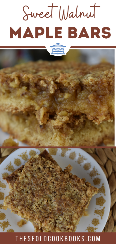 Sweet Walnut Maple Bars have a cake mix base, a maple syrup gooey center and a crunchy walnut topping.  Some people say these Maple Walnut Pie Bars taste like pecan pie!