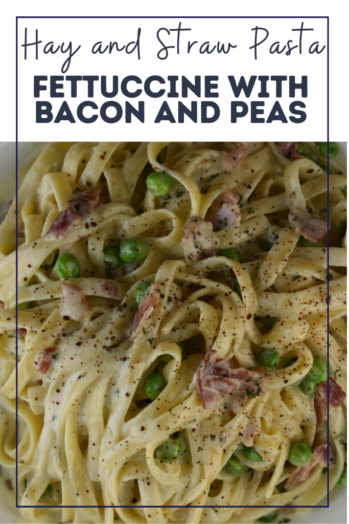 Hay and Straw Pasta is a fan favorite.  Cooked fettuccine with bacon and peas gets smothered in a cheesy Parmesan sauce.