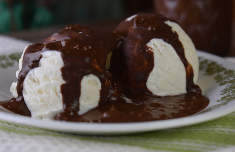 The melted butter in this recipe makes it magical. When it's warm, the chocolate walnut sauce is pourable.  Spoon it over the ice cream; however, as it sits on the cold ice cream, the fat in the butter seizes back up making it harden like that magic shell product you buy at the grocery store. 
