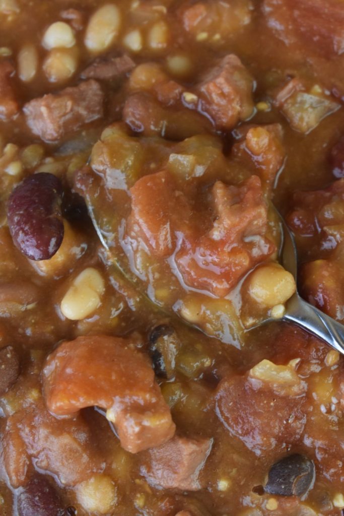 This is an old fashioned bean soup with ham, made from 15 beans including navy, black, pinto, and lima beans.