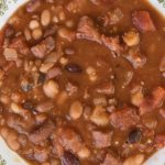 This is an old fashioned bean soup with ham, made from 15 beans including navy, black, pinto, and lima beans.
