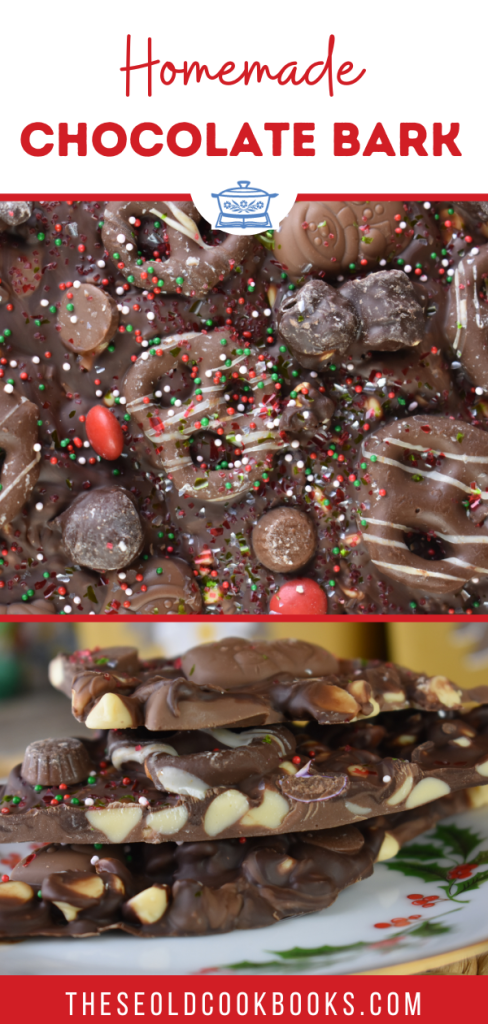 Chocolate Bark Candy can be topped with your favorite sweet treats like chocolate-covered pretzels and mini peanut butter cups.