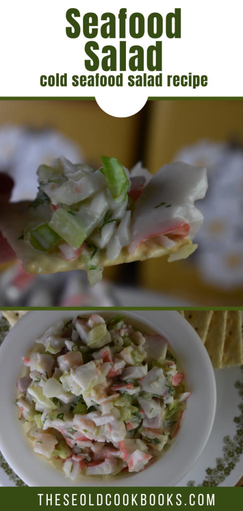 Cold seafood salad with shrimp and imitation crab is an easy recipe. Serve on crackers or over a bed of lettuce.