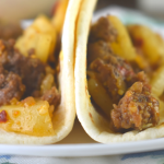 Easy beef and potato tacos recipe is an easy way to stretch taco meat. Make the most of your grocery budget by adding potatoes to your tacos.
