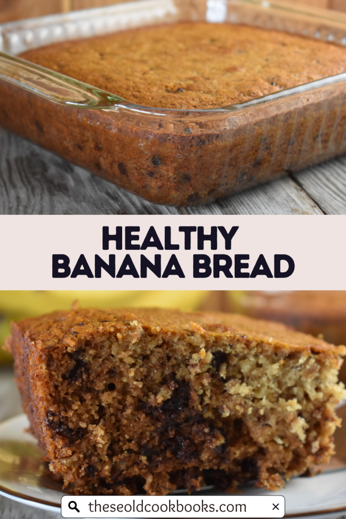 Collage photo with banana bread in a glass baking dish on top with a slice of healthy banana bread on bottom