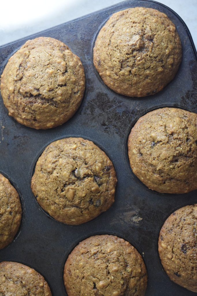 Overhead shot of Chocolate Chip Walnut Muffins in baking tin