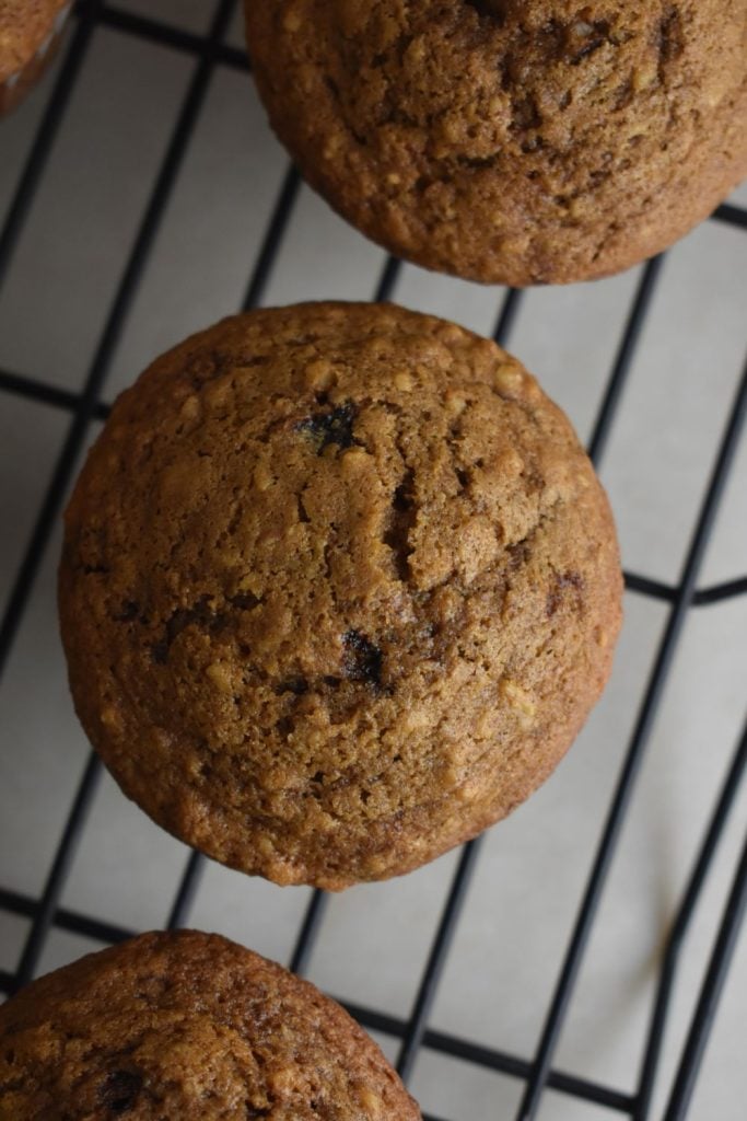 overhead shot of Coffee Chocolate Chip Walnut Muffins on cooling rack
