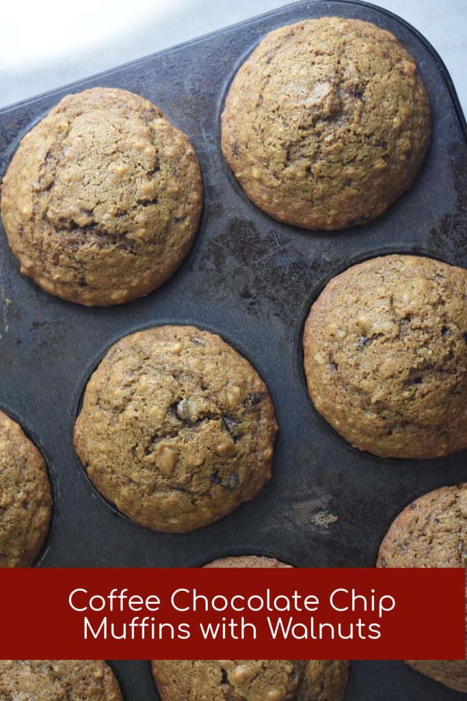 Pin Image of Coffee Chocolate Chip Muffins with Walnuts in a muffin tin