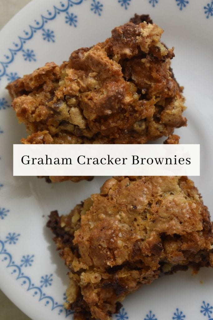 two graham cracker brownies on a white plate with blue flowers